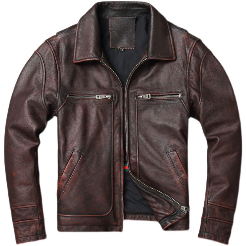 Retro Pure First Layer Cowhide Leather Men's Short Motorcycle Stonewashed Distressed Coat