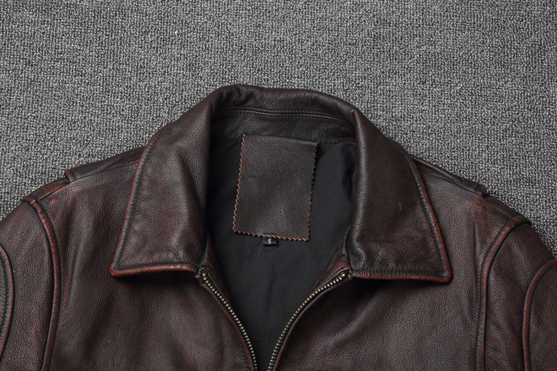 Retro Pure First Layer Cowhide Leather Men's Short Motorcycle Stonewashed Distressed Coat