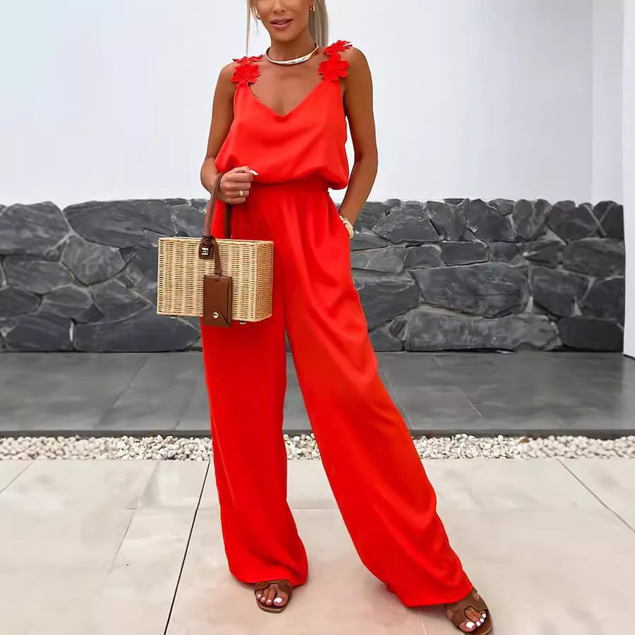 Elegant Floral Strap Wide-Leg Jumpsuit – Amelvia