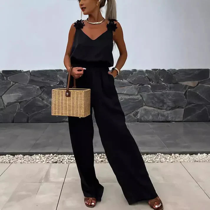 Elegant Floral Strap Wide-Leg Jumpsuit – Amelvia