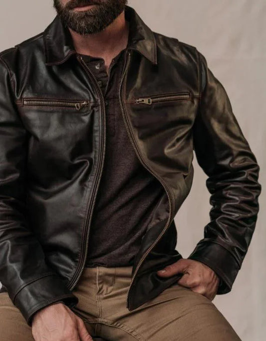 Retro Pure First Layer Cowhide Leather Men's Short Motorcycle Stonewashed Distressed Coat